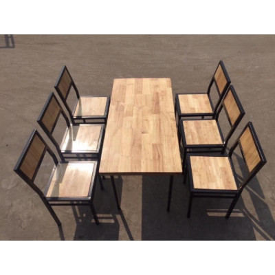 Bàn ghế nhà hàng chân sắt mặt gỗ BQA18