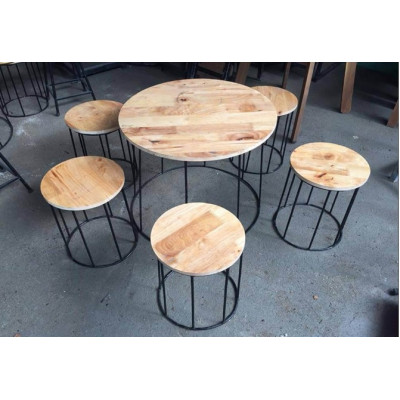Bàn ghế chân sắt mặt gỗ tròn cafe18