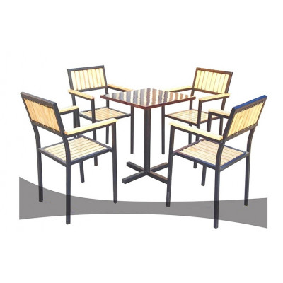 Bàn ghế quán ăn chân sắt mặt gỗ kèm 4 ghế có tựa BGCF10